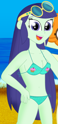 Size: 1962x4191 | Tagged: safe, artist:cyber-murph, imported from derpibooru, blueberry cake, scribble dee, equestria girls, background human, beach, belly button, bikini, breasts, busty blueberry cake, cleavage, clothes, cropped, female, green bikini, green swimsuit, midriff, solo, solo female, solo focus, sunglasses, swimsuit