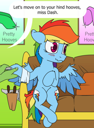 Size: 1028x1400 | Tagged: safe, artist:dacaoo, imported from derpibooru, rainbow dash, oc, oc:anon, human, pegasus, pony, blushing, coach, couch, file, holding hooves, hooficure, implied anon, manicure, sitting, tools