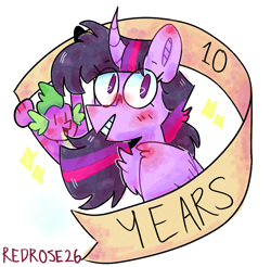 Size: 961x946 | Tagged: safe, artist:redrose26, imported from derpibooru, spike, twilight sparkle, alicorn, happy birthday mlp:fim, mlp fim's tenth anniversary, twilight sparkle (alicorn)