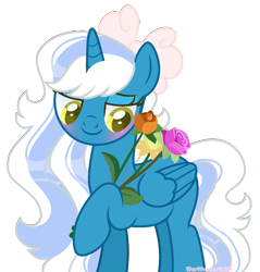 Size: 1599x1676 | Tagged: safe, artist:werifesteriada, imported from derpibooru, oc, oc only, oc:fleurbelle, alicorn, pony, alicorn oc, blushing, bow, bunch of flowers, female, flower, hair bow, holding, horn, mare, simple background, smiling, solo, transparent background, wings, yellow eyes