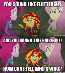 Size: 600x668 | Tagged: safe, edit, edited screencap, imported from derpibooru, screencap, fluttershy, pinkie pie, sunset shimmer, equestria girls, rainbow rocks, andrea libman, caption, image macro, memeful.com, text, voice actor joke