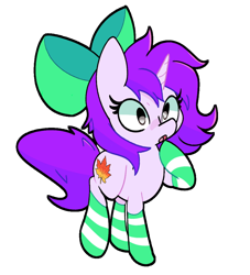 Size: 1862x2048 | Tagged: safe, artist:kindakismet, imported from derpibooru, oc, oc only, oc:mable syrup, pony, unicorn, blind, bow, clothes, cutie mark, leaf, simple background, socks, solo, striped socks, transparent background