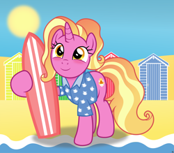 Size: 4002x3500 | Tagged: safe, artist:anime-equestria, imported from derpibooru, luster dawn, sand dune, pony, unicorn, beach, beach house, blushing, clothes, cute, dunes, female, happy, hawaiian shirt, holding, horn, lusterbetes, mare, sand, shack, shirt, smiling, solo, sun, surfboard, water