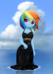 Size: 1000x1407 | Tagged: safe, artist:howxu, imported from derpibooru, rainbow dash, equestria girls, black dress, chibi, clothes, commission, commissioner:ajnrules, cute, dashabetes, dress, little black dress, microphone, ponied up, rainbow dash always dresses in style, solo, standing in water, wet clothes, wet dress