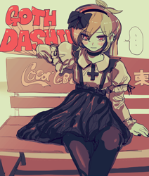 Size: 996x1173 | Tagged: safe, artist:ceitama, imported from derpibooru, rainbow dash, equestria girls, ..., adorasexy, bench, black nail polish, blouse, blushing, bow, choker, clothes, cute, dashabetes, ear piercing, goth, gothic lolita, hair bow, hairband, inverted cross, lidded eyes, looking at you, pantyhose, park bench, piercing, poofy shoulders, rainbow goth, ribbon, ruffles, sexy, sitting, skirt, speech bubble, suspenders, text, tights