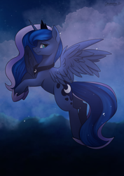 Size: 2894x4093 | Tagged: source needed, safe, artist:chickenbrony, artist:cottonaime, imported from derpibooru, princess luna, alicorn, pony, cloud, female, flying, happy birthday mlp:fim, jewelry, looking at you, mare, mlp fim's tenth anniversary, night, profile, regalia, sky, smiling, solo