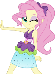 Size: 2994x4000 | Tagged: safe, artist:limedazzle, imported from derpibooru, fluttershy, dance magic, equestria girls, spoiler:eqg specials, absurd resolution, alternate hairstyle, alternate universe, clothes, clothes swap, dress, female, high res, looking at you, one eye closed, ponytail, show accurate, simple background, sleeveless, smiling, smiling at you, solo, transparent background, wink, winking at you