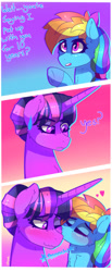 Size: 910x2208 | Tagged: safe, artist:aaa-its-spook, imported from derpibooru, rainbow dash, twilight sparkle, alicorn, pegasus, alternate hairstyle, annoyed, blushing, cheek fluff, cheek kiss, comic, cute, dashabetes, dialogue, eyelashes, eyes closed, female, floating heart, hair bun, happy birthday mlp:fim, heart, horn, kiss on the cheek, kissing, lesbian, long horn, mlp fim's tenth anniversary, neck fluff, one eye closed, onomatopoeia, ponytail, sarcasm, shipping, smooch, sound effects, twiabetes, twidash, twilight sparkle (alicorn), wavy mouth