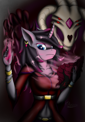 Size: 1709x2458 | Tagged: safe, artist:bomzzzik, imported from derpibooru, fhtng th§ ¿nsp§kbl, oleander, anthro, ghost, undead, unicorn, them's fightin' herds, book, clothes, community related, dark magic, duo, female, fred, magic, magic book, oleander (tfh), unicornomicon