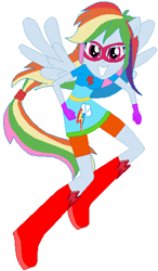 Size: 287x490 | Tagged: safe, artist:selenaede, artist:user15432, imported from derpibooru, rainbow dash, human, equestria girls, base used, blue dress, boots, clothes, cutie mark, cutie mark on clothes, dress, element of loyalty, gloves, high heel boots, high heels, mask, multicolored hair, pegasus wings, ponied up, rainbow dress, rainbow hair, rainbow power, rainbow power-ified, red shoes, shoes, solo, superhero, superhero costume, wings