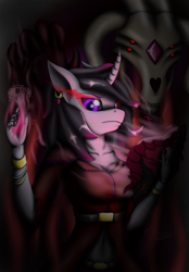 Size: 1709x2458 | Tagged: safe, alternate version, artist:bomzzzik, imported from derpibooru, fhtng th§ ¿nsp§kbl, oleander, anthro, ghost, undead, unicorn, them's fightin' herds, community related, dark, duo, female, fred, magic, magic book, oleander (tfh)