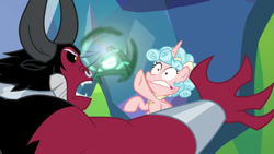 Size: 1280x720 | Tagged: safe, imported from derpibooru, screencap, cozy glow, lord tirek, alicorn, centaur, pony, the ending of the end, alicornified, angry, bell, cozycorn, female, filly, grogar's bell, male, nose piercing, nose ring, piercing, race swap, septum piercing