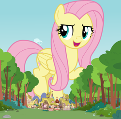 Size: 1410x1390 | Tagged: safe, artist:boneswolbach, artist:cloudy glow, artist:cloudyglow, edit, editor:jaredking203, imported from derpibooru, vector edit, fluttershy, pegasus, pony, female, giant pegasus, giant pony, giantess, giantshy, macro, mare, mega giant, ponyville, vector