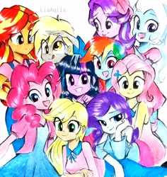 Size: 1801x1908 | Tagged: safe, artist:liaaqila, imported from derpibooru, applejack, derpy hooves, fluttershy, pinkie pie, rainbow dash, rarity, sci-twi, starlight glimmer, sunset shimmer, trixie, twilight sparkle, equestria girls, :p, beanie, clothes, commission, cute, dashabetes, derpabetes, diapinkes, diatrixes, dress, eyeshadow, female, glimmerbetes, grin, hat, humane five, humane seven, humane six, jackabetes, jeans, makeup, mane six, open mouth, pants, raribetes, salute, shimmerbetes, shirt, shyabetes, simple background, skirt, smiling, tanktop, tongue out, traditional art, twiabetes, white background