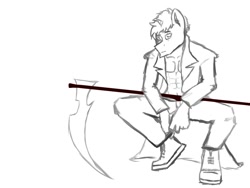 Size: 1200x900 | Tagged: safe, artist:staziroch, imported from derpibooru, oc, oc only, oc:dunkelheit, anthro, unicorn, cigarette, clothes, coat, scythe, sketch, solo, squatting, timberland boots