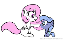 Size: 446x283 | Tagged: safe, artist:banebuster, imported from derpibooru, princess celestia, princess luna, alicorn, pony, series:tiny tia, baby, baby pony, boop, cewestia, cute, cutelestia, duo, female, filly, lunabetes, pegasus luna, pink-mane celestia, profile, royal sisters, simple background, sisters, white background, woona, younger