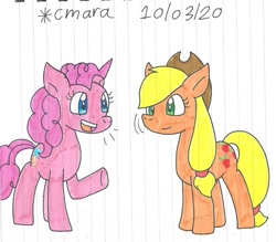 Size: 1284x1125 | Tagged: safe, artist:cmara, imported from derpibooru, applejack, pinkie pie, earth pony, pony, applejack's hat, cowboy hat, duo, female, hat, mare, open mouth, raised hoof, simple background, traditional art, white background