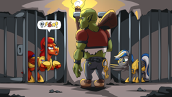 Size: 2560x1440 | Tagged: safe, artist:mysticalpha, imported from derpibooru, oc, oc only, oc:captain sunride, oc:cloud zapper, ogre, pegasus, pony, armor, censored vulgarity, grawlixes, key, male, pegasus oc, prison, royal guard, royal guard armor, skull, stallion, stars, wing hands, wings