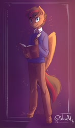 Size: 1291x2200 | Tagged: safe, artist:siliciaart, imported from derpibooru, oc, oc only, anthro, pegasus, unguligrade anthro, book, clothes, commission, looking at you, male, pants, quill pen, smiling, smiling at you, solo, sweater