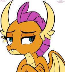 Size: 2379x2637 | Tagged: safe, artist:frownfactory, colorist:rautamiekka, edit, imported from derpibooru, smolder, dragon, black outlines, colored, crossed arms, dragoness, fangs, female, looking back, signature, simple background, solo, unamused, white background