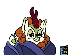 Size: 900x694 | Tagged: safe, artist:velgarn, imported from derpibooru, autumn blaze, kirin, pony, autumn blaze's puppet, beer can, blanket, comfy, drawthread, funny, hooves, kirin beer, kirin beer is pee, requested art, simple background, solo, twig, white background