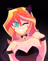 Size: 2448x3126 | Tagged: safe, artist:xan-gelx, imported from derpibooru, sunset shimmer, cat, equestria girls, bare shoulders, breasts, busty sunset shimmer, cat ears, catgirl, cleavage, clothes, digital art, female, high res, nyanset shimmer, one eye closed, sexy, shoulderless, sleeveless, slit eyes, slit pupils, smiling, solo, strapless, wink