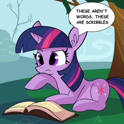 Size: 3000x3000 | Tagged: safe, artist:tjpones, artist:tjpones edits, edit, imported from derpibooru, twilight sparkle, pony, unicorn, friendship is magic, book, cute, female, happy birthday mlp:fim, hoof on chin, i never learned to read, lying down, mare, mlp fim's tenth anniversary, prone, reading, reality ensues, scene interpretation, solo, twiabetes, unicorn twilight