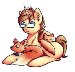 Size: 1688x1635 | Tagged: safe, artist:coco-drillo, imported from derpibooru, oc, oc only, cat, fox, pony, unicorn, ear fluff, glasses, horn, looking at you, lying down, male, no pupils, simple background, smiling, solo, stallion, transparent background, unicorn oc