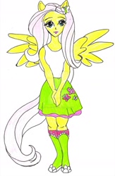 Size: 1280x1965 | Tagged: safe, artist:ladydragonna, imported from derpibooru, fluttershy, equestria girls, 2019, clothes, cutie mark, cutie mark on clothes, ponied up, simple background, skirt, solo, spread wings, traditional art, white background, wings