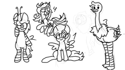 Size: 1494x840 | Tagged: safe, artist:raypanda, imported from derpibooru, oc, oc only, bird, ostrich, pegasus, pony, clothes, lineart, monochrome, pegasus oc, sketch, socks, striped socks, wings