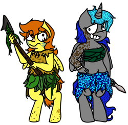 Size: 3000x2940 | Tagged: safe, artist:raypanda, imported from derpibooru, oc, oc only, oc:blair darby, oc:techno horse, alicorn, anthro, pegasus, unguligrade anthro, alicorn oc, duo, grin, horn, knife, pegasus oc, simple background, smiling, spear, transparent background, weapon, wings