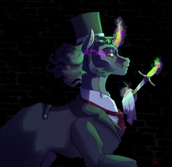 Size: 3307x3208 | Tagged: safe, artist:sourcherry, imported from derpibooru, king sombra, pony, umbrum, unicorn, clothes, colored horn, curved horn, dagger, hat, horn, magic, sombra eyes, sombra horn, top hat, victorian, weapon