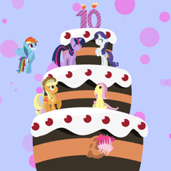 Size: 1500x1500 | Tagged: safe, artist:toshimatsu, derpibooru exclusive, imported from derpibooru, applejack, fluttershy, pinkie pie, rainbow dash, rarity, twilight sparkle, earth pony, pegasus, pony, unicorn, applejack's hat, birthday cake, cake, candle, cowboy hat, eyes closed, fire, food, happy birthday mlp:fim, hat, hooves, horn, looking up, mlp fim's tenth anniversary, motion blur, raised hoof, rearing, simple background, sitting, smiling, tail, wings