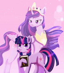 Size: 3000x3429 | Tagged: safe, artist:rizzych, imported from derpibooru, twilight sparkle, alicorn, unicorn, the last problem, beautiful, book, book of harmony, duality, happy birthday mlp:fim, mlp fim's tenth anniversary, older, older twilight, pink background, princess twilight 2.0, self ponidox, simple background, twilight sparkle (alicorn), unicorn twilight