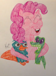 Size: 1504x2021 | Tagged: safe, artist:hazeltail55, imported from derpibooru, gummy, pinkie pie, alligator, earth pony, pony, crossover, cute, eyes closed, perry the platypus, phineas and ferb, traditional art