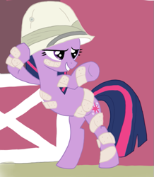 Size: 503x576 | Tagged: safe, artist:sunattic, imported from derpibooru, twilight sparkle, pony, unicorn, feeling pinkie keen, bandaid, bipedal, bipedal leaning, hat, leaning, pith helmet, scene interpretation, solo, unicorn twilight