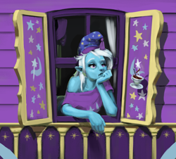 Size: 1594x1444 | Tagged: safe, artist:bunchedupletters, imported from derpibooru, trixie, human, clothes, cup, cutie mark, food, frizzy hair, hat, humanized, loose fitting clothes, nightcap, panties, pony ears, sleepy, solo, tea, trixie's hat, trixie's nightcap, trixie's wagon, uncanny valley, underwear, window