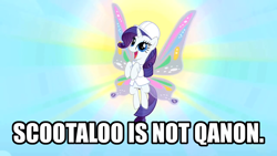 Size: 1280x720 | Tagged: safe, edit, edited screencap, imported from derpibooru, screencap, rarity, pony, unicorn, sonic rainboom (episode), background pony strikes again, captain obvious, caption, exploitable meme, female, horn, impact font, implied scootaloo, mare, meme, no shit sherlock, obligatory pony, op, op is a duck, op is on drugs, op is trying to be funny, op is trying to start shit, op is trying too hard, op needs to stop, open mouth, qanon, smiling, solo, text