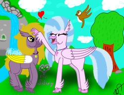 Size: 1280x985 | Tagged: safe, artist:profyurko, imported from derpibooru, silverstream, oc, oc:yutaka deo, bird, classical hippogriff, hippogriff, banana wings, birb, canon x oc, cave, cloud, cute, deostream, diastreamies, digital art, flower, happy, heart, hippogriff oc, jewelry, necklace, petting, rock, shipping, tree, waterfall