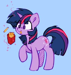 Size: 1234x1310 | Tagged: safe, artist:orchidpony, imported from derpibooru, twilight sparkle, pony, unicorn, blue background, cute, eating, female, food, french fries, herbivore, mare, no pupils, simple background, solo, twiabetes, unicorn twilight