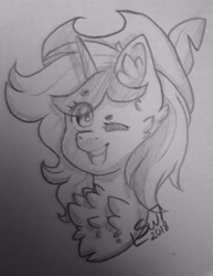 Size: 3072x3975 | Tagged: safe, artist:silentwolf-oficial, imported from derpibooru, oc, oc only, pony, unicorn, bust, chest fluff, hat, horn, lineart, monochrome, one eye closed, open mouth, signature, smiling, solo, traditional art, unicorn oc, wink