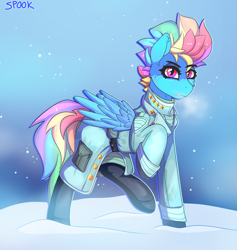 Size: 1676x1766 | Tagged: safe, artist:aaa-its-spook, imported from derpibooru, rainbow dash, pegasus, pony, abstract background, clothes, coat, fallout, female, general, snow, solo, uniform