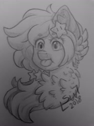 Size: 3072x4096 | Tagged: safe, artist:silentwolf-oficial, imported from derpibooru, oc, oc only, earth pony, pony, :p, bust, chest fluff, ear fluff, earth pony oc, lineart, monochrome, signature, solo, tongue out, traditional art