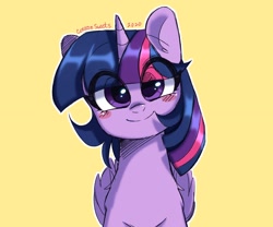 Size: 1200x1000 | Tagged: safe, artist:cottonsweets, imported from derpibooru, twilight sparkle, alicorn, pony, blushing, bust, chest fluff, cute, eye clipping through hair, female, looking at you, mare, simple background, smiling, solo, twiabetes, twilight sparkle (alicorn), yellow background