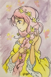 Size: 1277x1923 | Tagged: safe, artist:officiallemonpi, imported from derpibooru, fluttershy, butterfly, human, alternate hairstyle, braid, clothes, cute, dress, female, floral head wreath, flower, flower in hair, humanized, off shoulder, profile, shyabetes, solo, traditional art, yellow dress