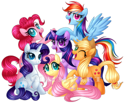 Size: 1782x1467 | Tagged: safe, artist:andypriceart, artist:kimmyartmlp, imported from derpibooru, applejack, fluttershy, pinkie pie, rainbow dash, rarity, twilight sparkle, earth pony, pegasus, pony, unicorn, cute, female, happy birthday mlp:fim, looking at you, lying down, mane six, mane six opening poses, mare, mlp fim's tenth anniversary, one eye closed, open mouth, prone, raised hoof, simple background, sitting, smiling, transparent background, unicorn twilight, wings, wink