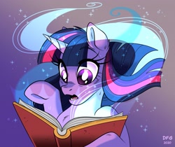 Size: 3299x2777 | Tagged: safe, artist:dragonfoxgirl, imported from derpibooru, twilight sparkle, pony, unicorn, book, happy birthday mlp:fim, high res, magic, mlp fim's tenth anniversary, open mouth, reading, solo, unicorn twilight