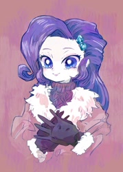 Size: 938x1312 | Tagged: safe, artist:osawari64, imported from derpibooru, rarity, equestria girls, bust, clothes, cute, female, gloves, jacket, looking at you, purple background, raribetes, simple background, smiling, solo, sweater, winter outfit