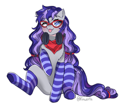 Size: 3218x2911 | Tagged: safe, artist:kawurin, imported from derpibooru, oc, oc only, oc:cinnabyte, earth pony, pony, clothes, commission, glasses, headphones, pigtails, simple background, sitting, sketch, socks, solo, striped socks, tongue out, white background