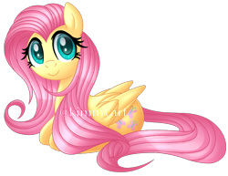 Size: 920x710 | Tagged: safe, artist:andypriceart, artist:kimmyartmlp, imported from derpibooru, fluttershy, pegasus, pony, cute, female, folded wings, looking at you, lying down, mare, ponyloaf, prone, shyabetes, signature, simple background, smiling, solo, transparent background, wings